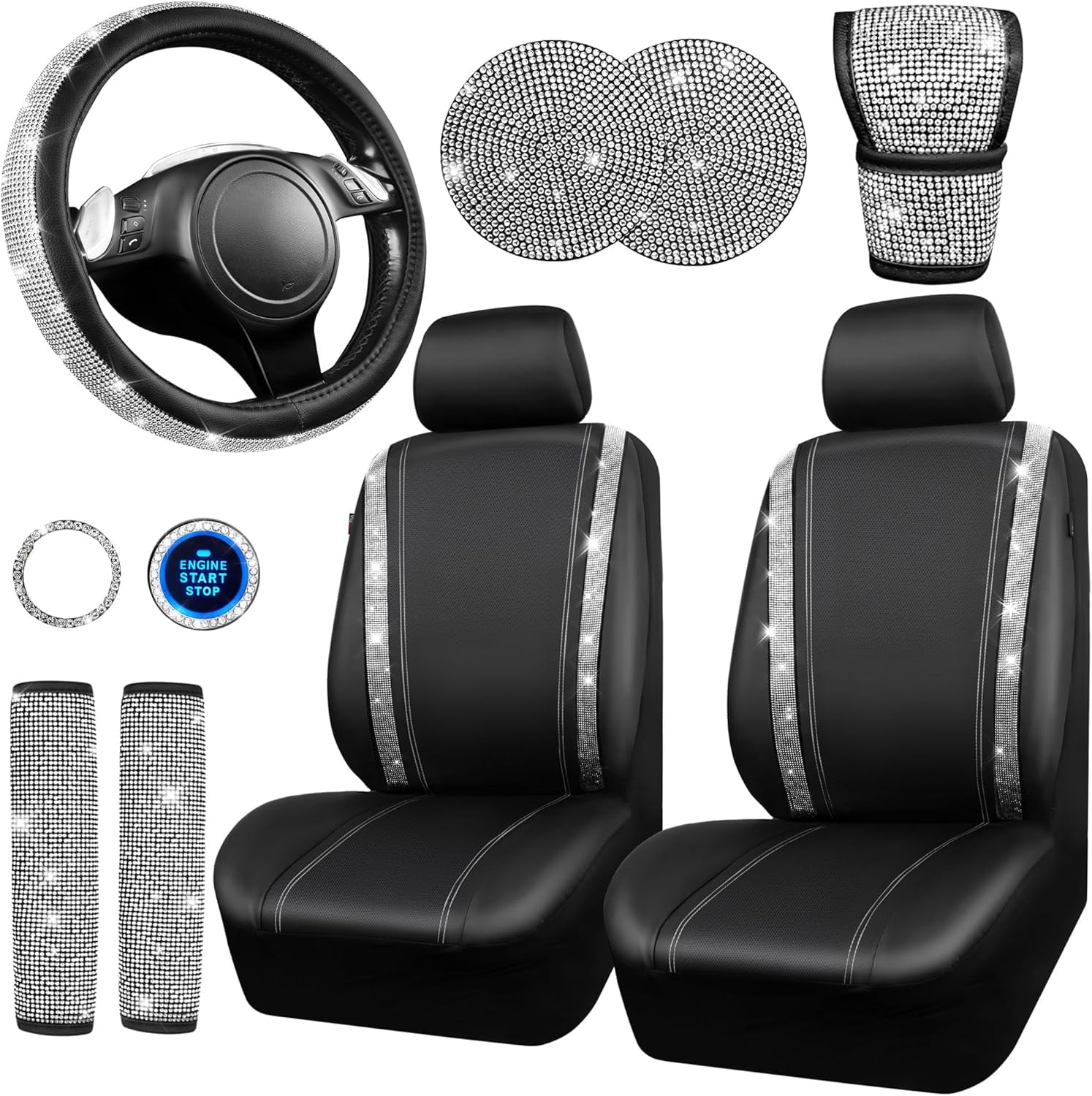 CAR PASS 11 PCS Bling Diamond Car Accessories for Women, Sparkly Rhinestone Steering Wheel Cover, Bling Seat Belt Cushion, Glitter Shift Knob Cover, Car Cup Holder Coaster, Cute Interior Sets Black