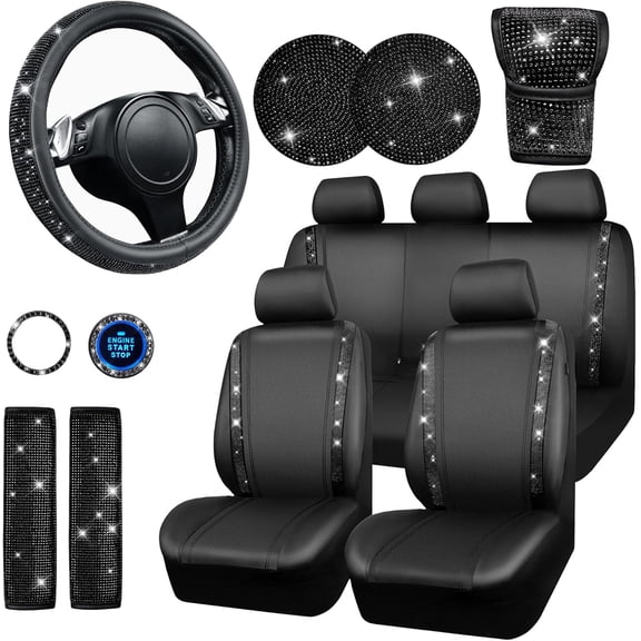 CAR PASS 11 PCS Bling Diamond Car Accessories for Women, Sparkly Rhinestone Steering Wheel Cover, Bling Seat Belt Cushion, Glitter Shift Knob Cover, Car Cup Holder Coaster, Cute Interior Sets Black