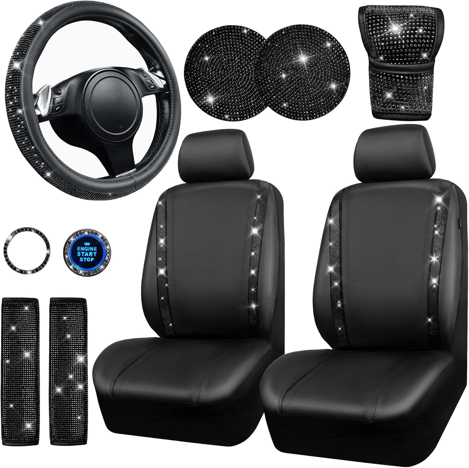 CAR PASS 11 PCS Bling Diamond Car Accessories for Women, Sparkly Rhinestone Steering Wheel Cover, Bling Seat Belt Cushion, Glitter Shift Knob Cover, Car Cup Holder Coaster, Cute Interior Sets Black