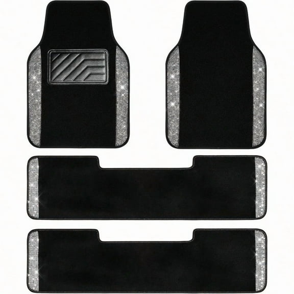 CAR PASS 3 Row Bling Diamond Car Mats Shining Carpet Rhinestones Sparkly Glitter Floor Mats AntiSlip PVC Heel Pad Universal for Automotive SUVSedan Van 3rd Row 2 Rear for Girl Women Black Sier
