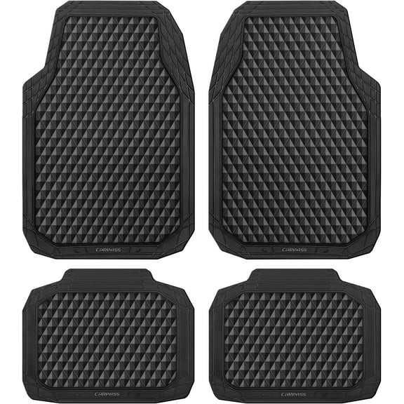 CAR PASS Black Rubber Car Mats, All-Weather Floor Mats Full Set Durable Anti-Slip 3D Rhombus Waterproof Automotive Pad Trim to Fit Liner Universal Fit for Sedan SUV Truck Van, 4 Pcs All Black Rubber