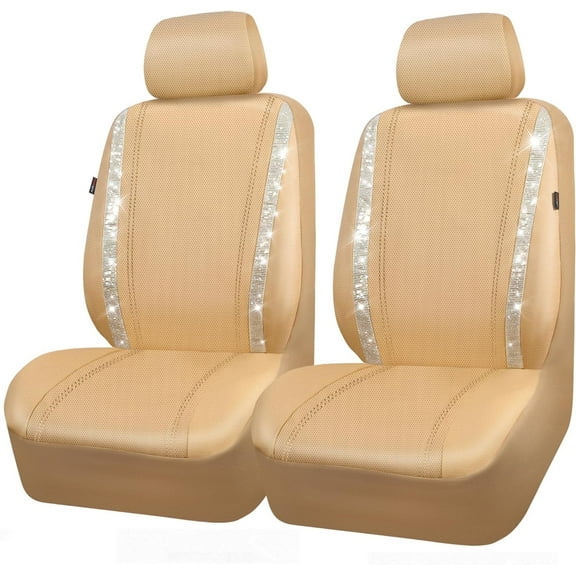 CAR GRAND Bling Car Seat Covers Front Pair, Shining Rhinestone Diamond Waterproof Faux Leather, Universal Fit Automotive Glitter Crystal Sparkle Strips for Cute Women Girl, beige
