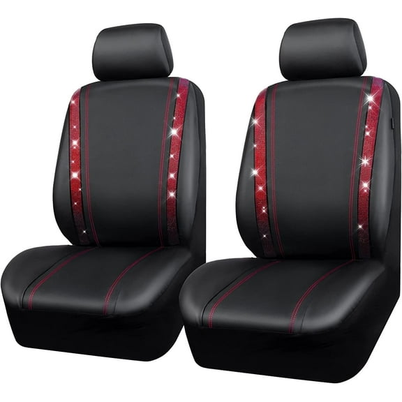 CAR GRAND Bling Car Seat Covers Front Pair, Shining Rhinestone Diamond Waterproof Faux Leather, Universal Fit Automotive Glitter Crystal Sparkle Strips for Cute Women Girl, red