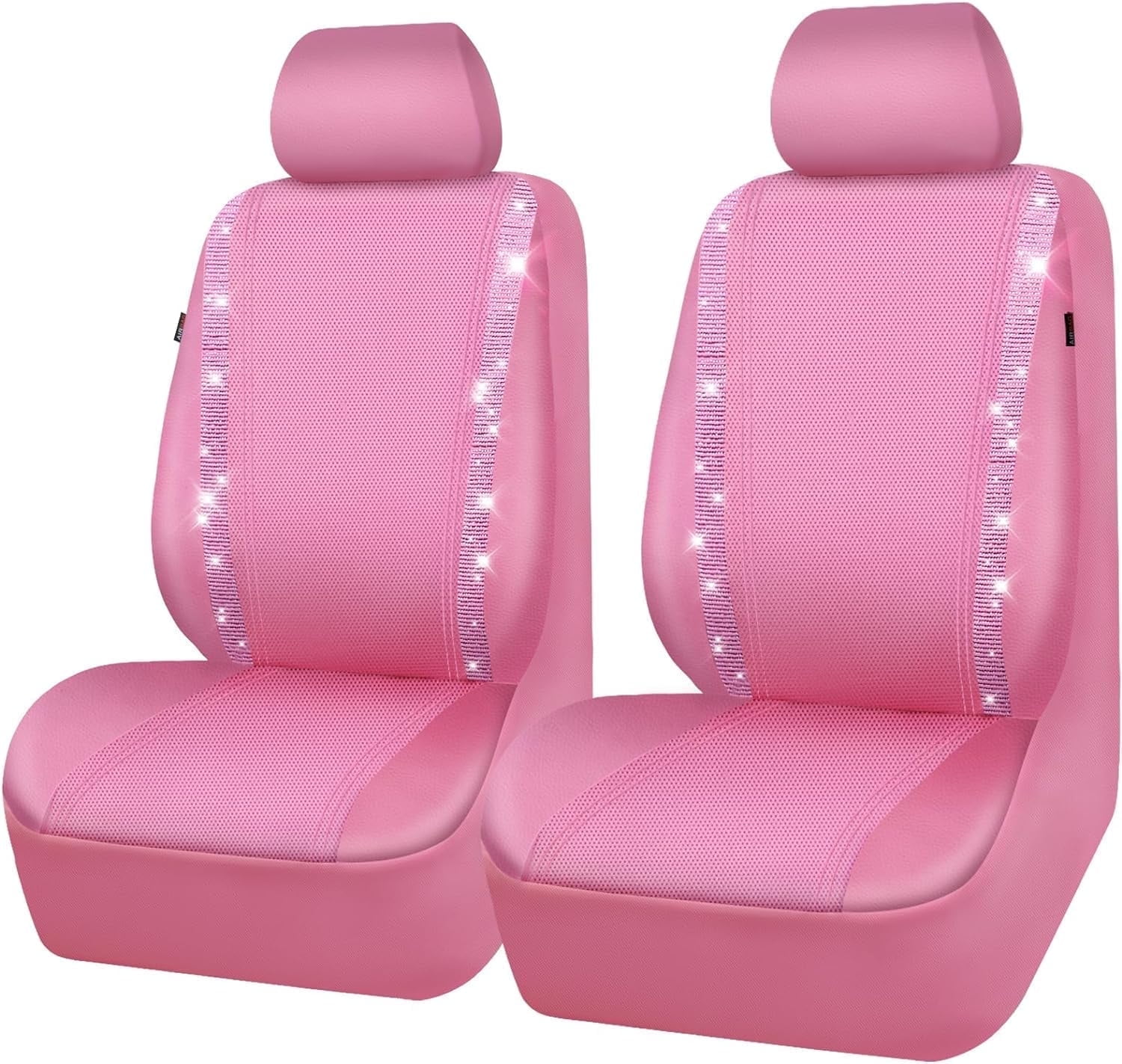 CAR GRAND Bling Car Seat Covers Front Pair, Shining Rhinestone Diamond Waterproof Faux Leather, Universal Fit Automotive Glitter Crystal Sparkle Strips for Cute Women Girl, solid pink
