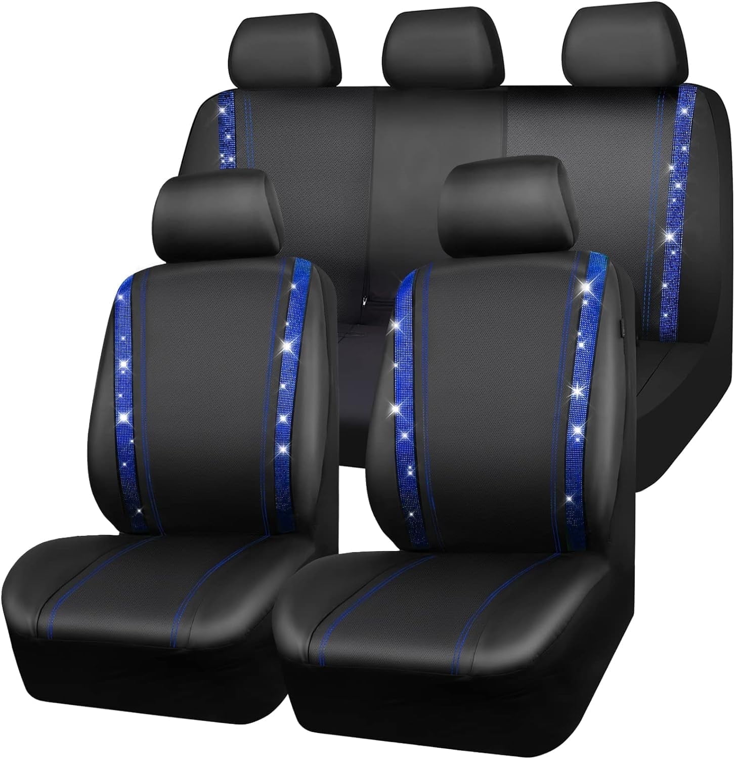 CAR GRAND Bling Car Seat Covers Full Set, Shining Rhinestone Diamond Waterproof Faux Leather, Rear with Zipper, Universal Fit Automotive Glitter Crystal Sparkle Strips for Cute Women Girl, Blue