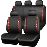 CAR GRAND Bling Car Seat Covers Full Set, Shining Rhinestone Diamond Waterproof Faux Leather, Rear with Zipper, Universal Fit Automotive Glitter Crystal Sparkle Strips for Cute Women Girl, red