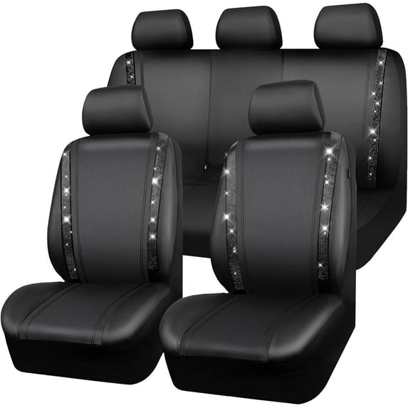 CAR GRAND Bling Car Seat Covers Full Set, Shining Rhinestone Diamond Waterproof Faux Leather, Rear with Zipper, Universal Fit Automotive Glitter Crystal Sparkle Strips for Cute Women Girl, black