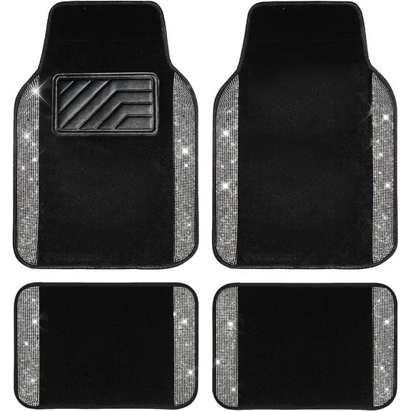 CAR GRAND Bling Diamond Car Floor Mats Shining Rhinestone Carpet Sparkly Glitter Crystal with Anti-Slip PVC Heel Pad Waterproof Universal Automotive SUV Sedan Van Cute Girl Women 4pcs Black Sliver