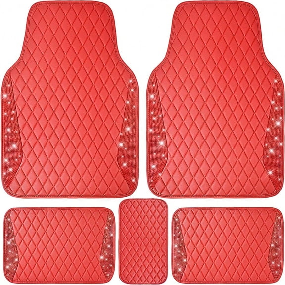 CAR PASS Bling Leather Car Mats Shining Diamond Floor Mats Crystal Rhinestones Sparkly Glitter Carpet AntiSlip Waterproof Pad Universal Fit For Automotive SUV Sedan Van 5pcs For Girl Women Red