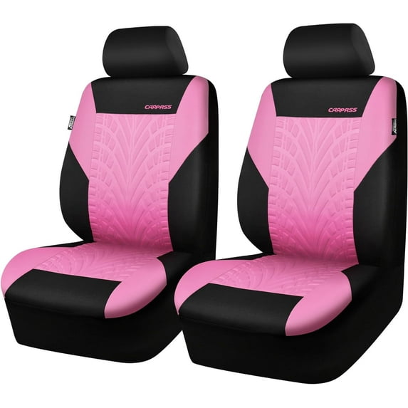 CAR GRAND Car Seat Covers Two Front Only for Car, 3D Tyre Print Automotive Interior Covers, Airbag Compatible, Quick Setup Universal Fit Seat Covers for Car, Truck, SUV(Black and Pink)