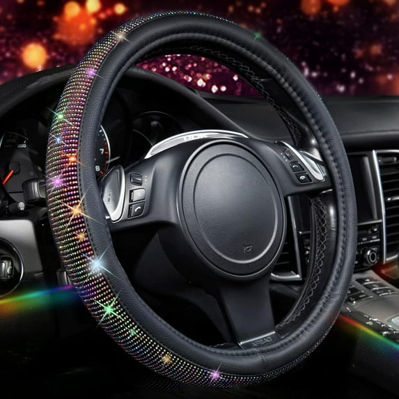 CAR GRAND Diamond Leather Steering Wheel Cover, with Bling Crystal Rhinestones Fit Suvs,Vans,Sedans,Cars,Trucks Universal Fit 14.5-15inch Crystal Glitter for Women Sparkle Girl, Multicolor Diamond
