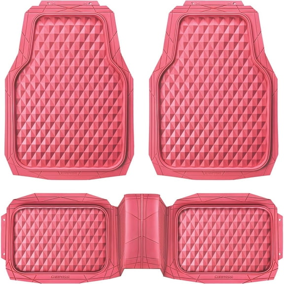 CAR GRAND Heavy Duty Rubber Car Mats, Deep Dish All-Weather Floor Mat for Car Full Set Durable Anti-Slip 3D Rhombus Waterproof Trim to Fit Liner Universal Fit Automotive,Sedan,SUV,Truck, 3 Piece Pink
