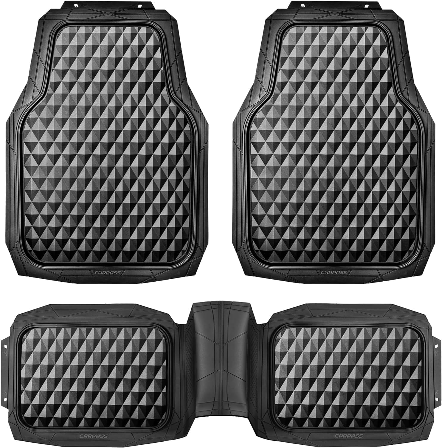 CAR GRAND Heavy Duty Rubber Car Mats, Deep Dish All-Weather Floor Mat for Car Full Set Durable Anti-Slip 3D Rhombus Waterproof Trim  Liner Universal Fit Automotive,Sedan,SUV,Truck, 3 Piece Black