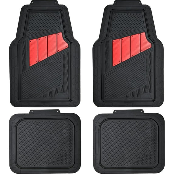 CAR GRAND Heavy Duty Rubber Floor Mats 4-Piece Car Mat Set - Universal Waterproof Carbon Fiber Floor Mats for Car SUV Truck, Durable All-Weather Mats(Black and Red)