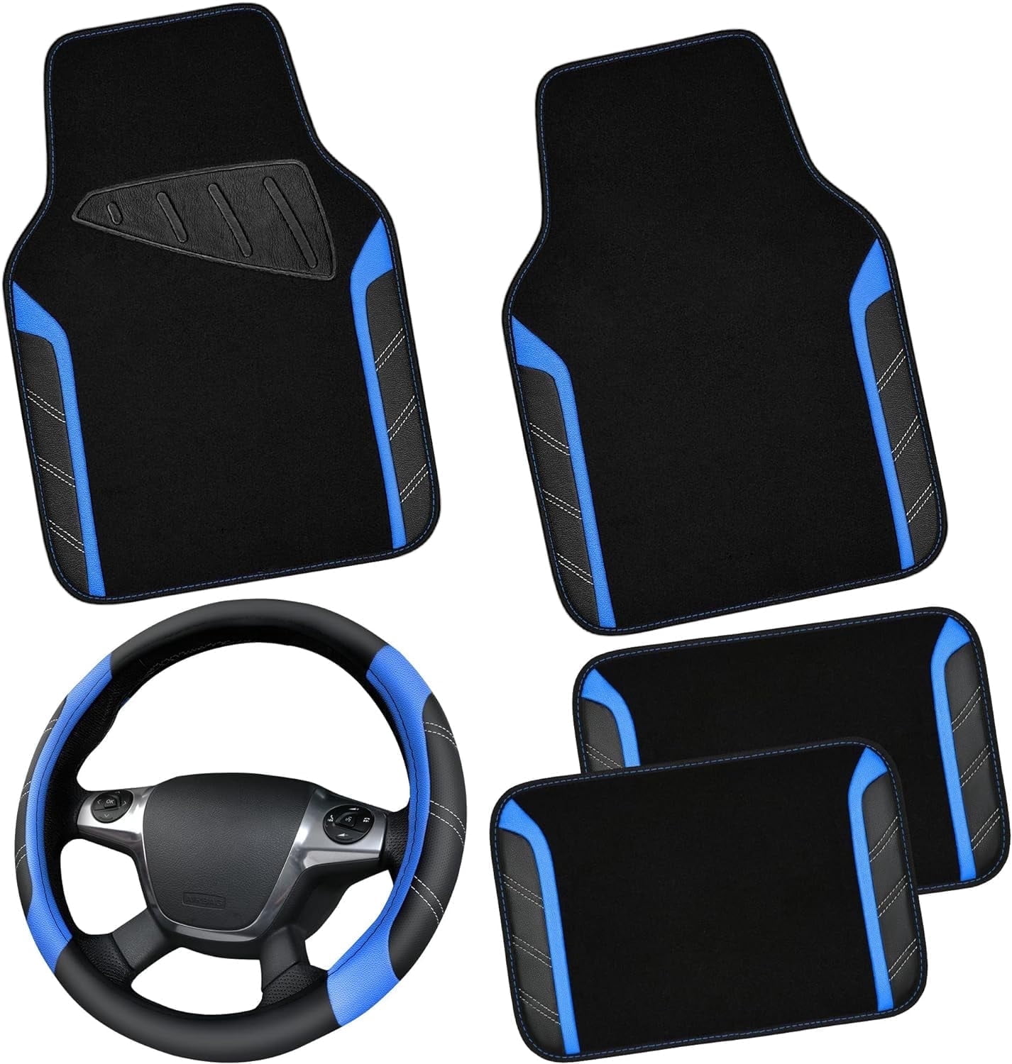 CAR GRAND Leather Steering Wheel Cover and Waterproof Car Floor Mats,Microfiber Universal Car Combo Fit for 95% Sedan,SUV,Cars,14.5-15inch Sporty Anti-Slip Safety Comfortable Design(Black＆Blue)