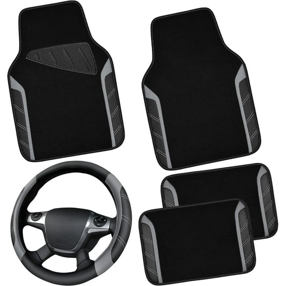 CAR GRAND Leather Steering Wheel Cover and Waterproof Car Floor Mats,Microfiber Universal Car Combo Fit for 95% Sedan,SUV,Cars, 14.5" to 15" Sporty Anti-Slip Safety Comfortable Design(Black＆Gray)