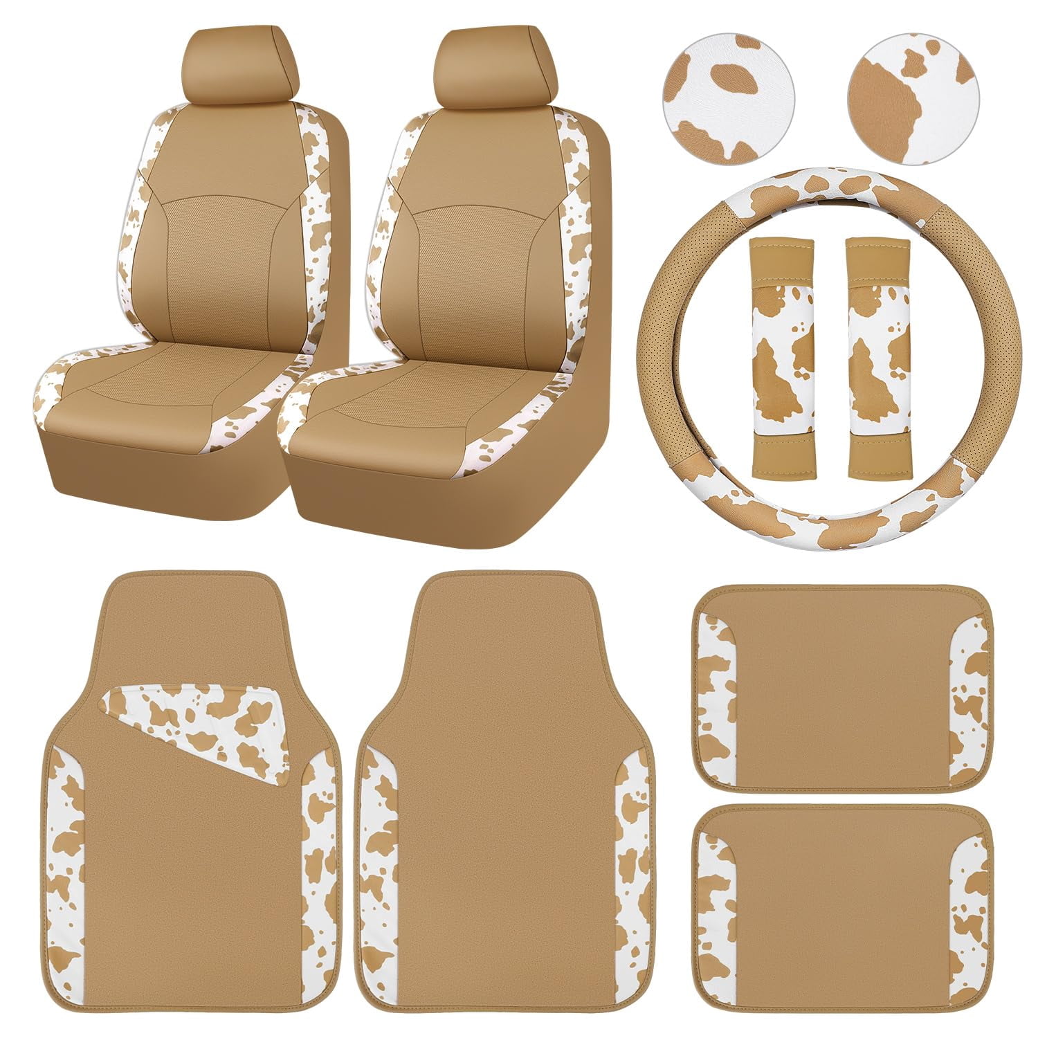 CAR PASS Leopard Print Faux Leather Car Seat Covers & Leopard Car Mats&Leopard Steering Wheel Cover Seat Belt Pad Universal Car Accessories for SUV,Van,Saden,Truck Automobile Interior Sets