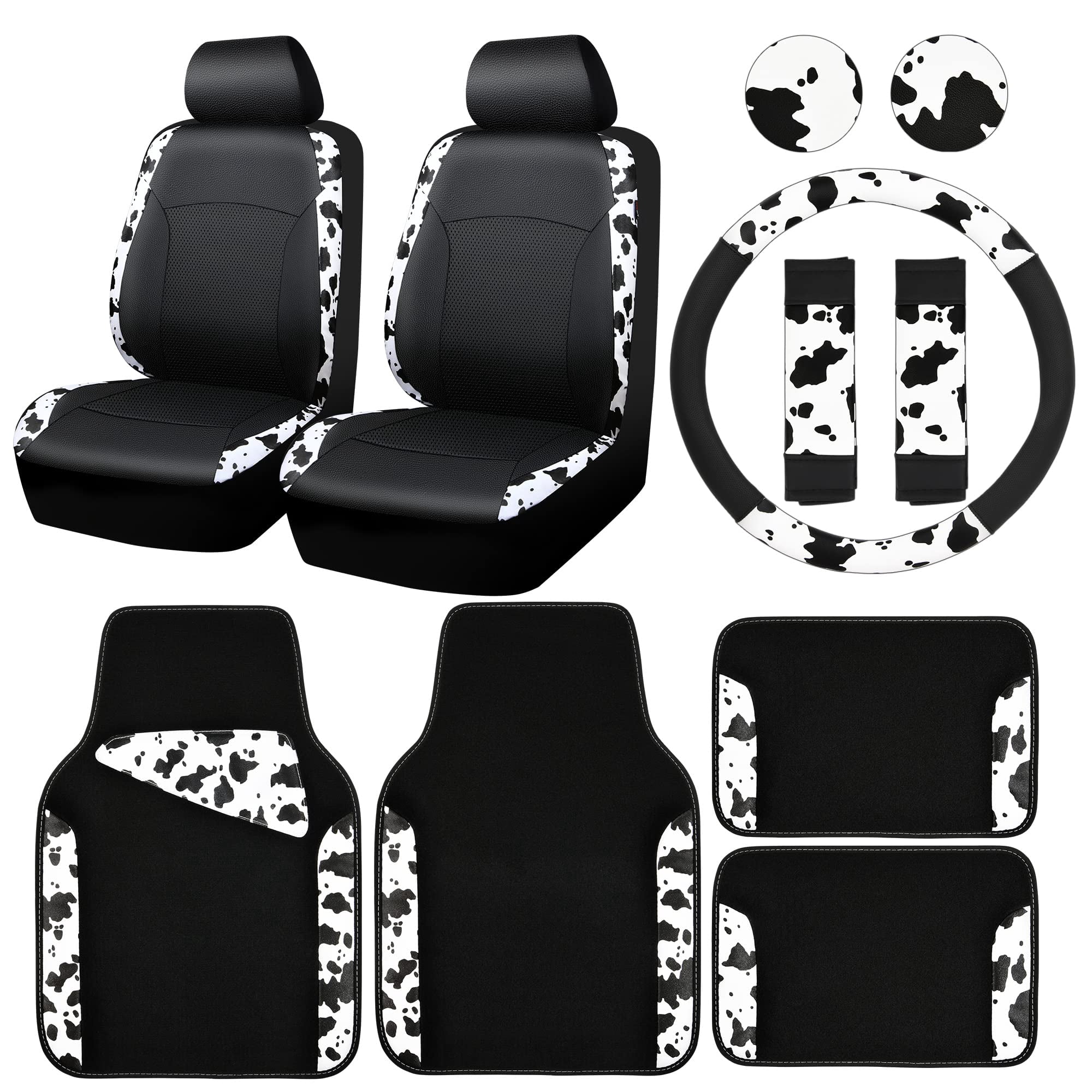 CAR PASS Leopard Print Faux Leather Car Seat Covers & Leopard Car Mats&Leopard Steering Wheel Cover Seat Belt Pad Universal Car Accessories for SUV,Van,Saden,Truck Automobile Interior Sets