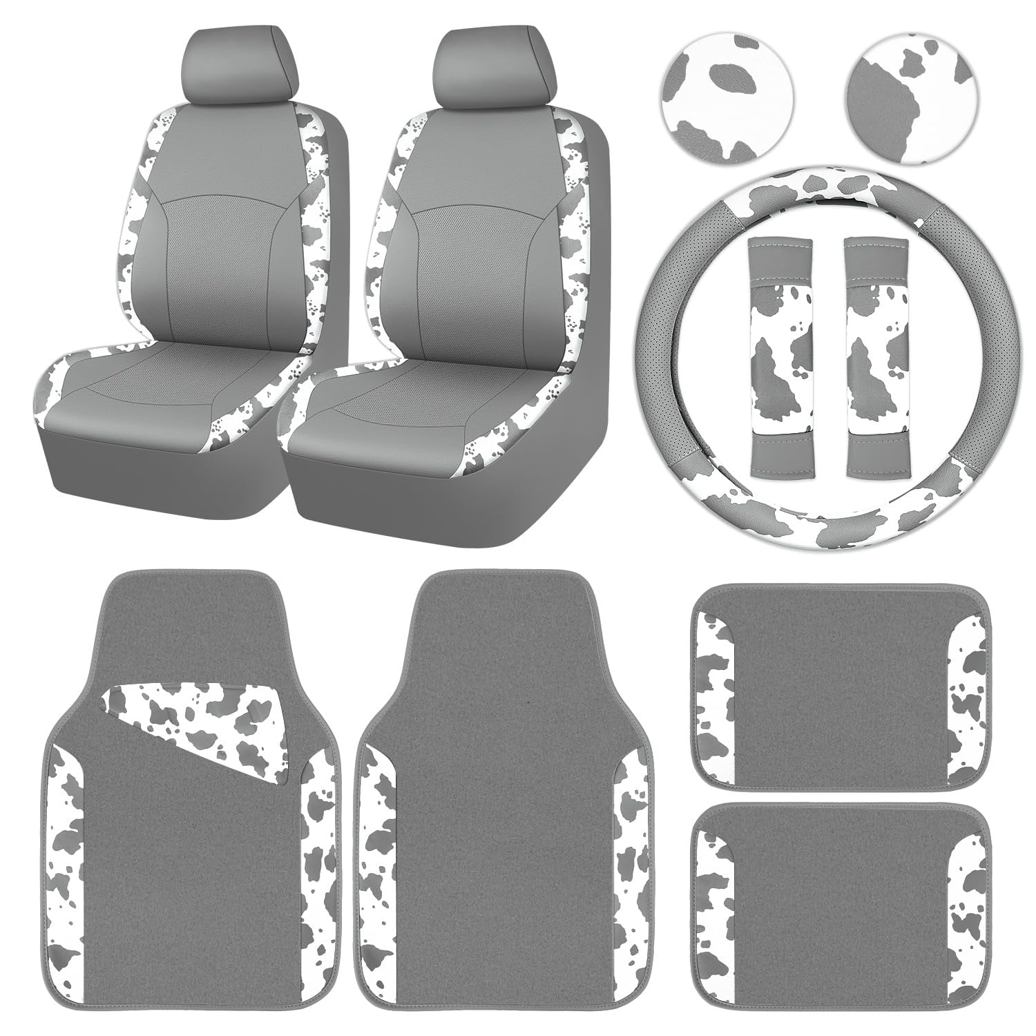 CAR PASS Leopard Print Faux Leather Car Seat Covers & Leopard Car Mats&Leopard Steering Wheel Cover Seat Belt Pad Universal Car Accessories for SUV,Van,Saden,Truck Automobile Interior Sets