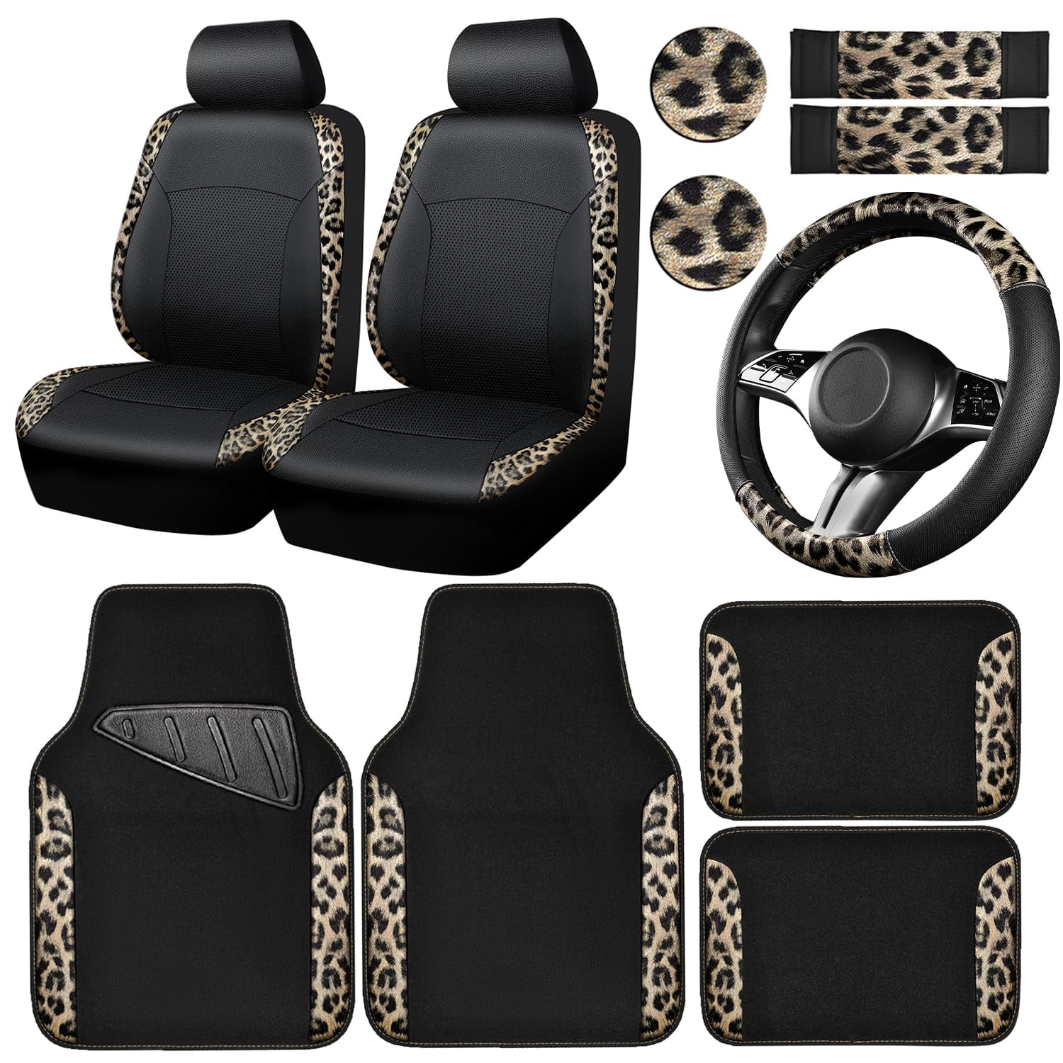 CAR PASS Leopard Print Faux Leather Car Seat Covers & Leopard Car Mats&Leopard Steering Wheel Cover Seat Belt Pad Universal Car Accessories for SUV,Van,Saden,Truck Automobile Interior Sets