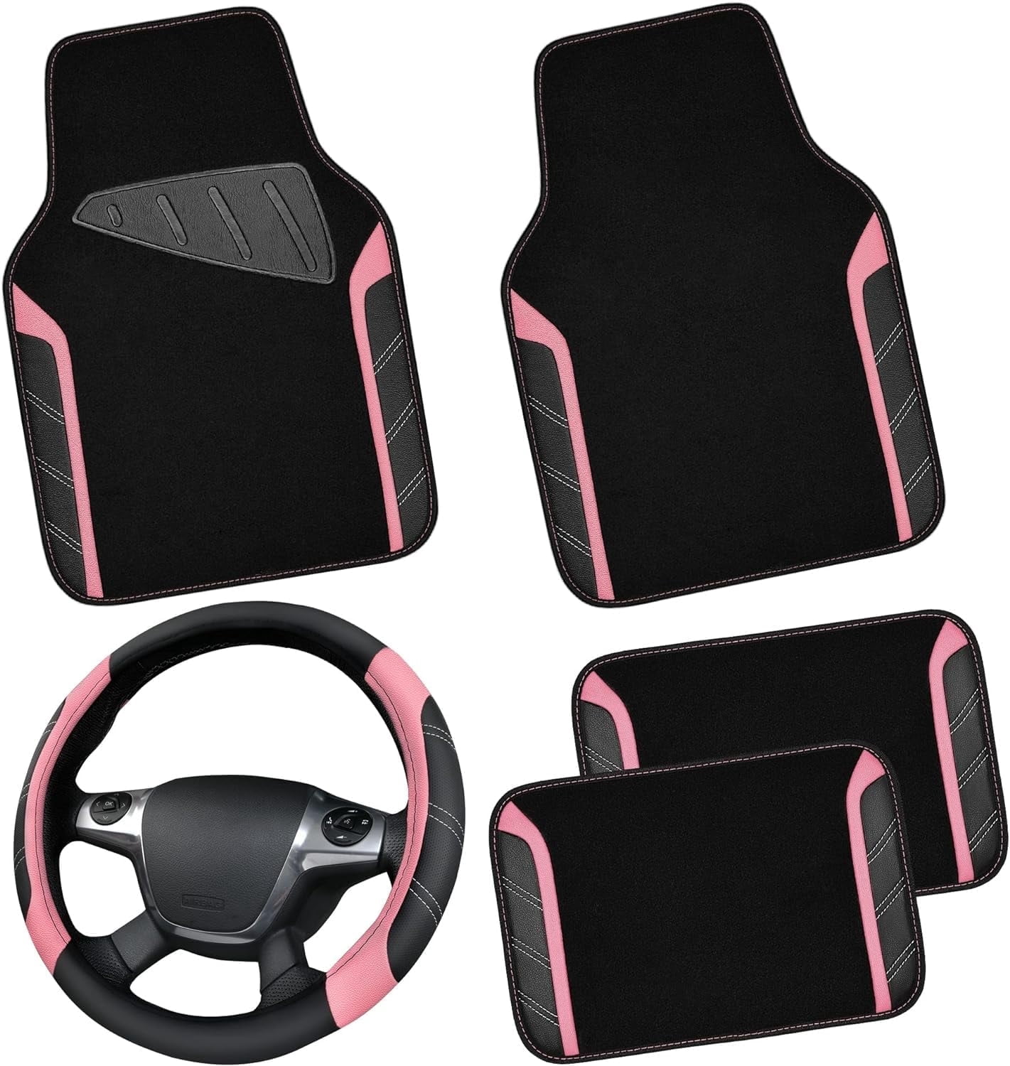CAR GRAND Microfiber Steering Wheel Cover and Waterproof Car Floor Mats,Leather Universal Car Combo Fit for 95% Truck,SUV,Cars,14.5-15inch Sporty Anti-Slip Safety Comfortable Design(Black and Pink)