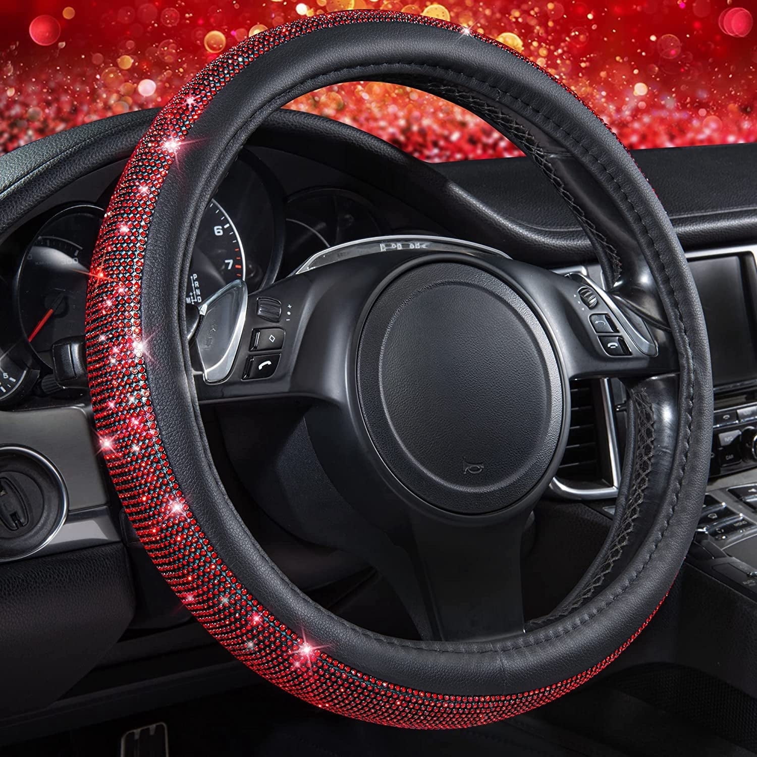 CAR PASS Bling Diamond Steering Wheel Cover - Sparkly Rhinestone, Universal Fit 14.5-15", PU Leather, Red - View #2