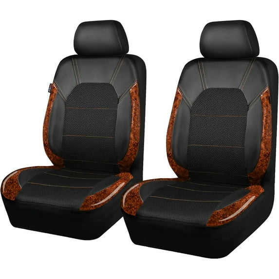 CAR PASS Wood Grain Leather Two Front Seat Covers, Durable Breath Premium Universal 2 Seats only fits for 95% SUVs,Trucks,Vans,Sedans, Airbag Compatible, Premium (Black Faux Leather with Brown Vinyl)