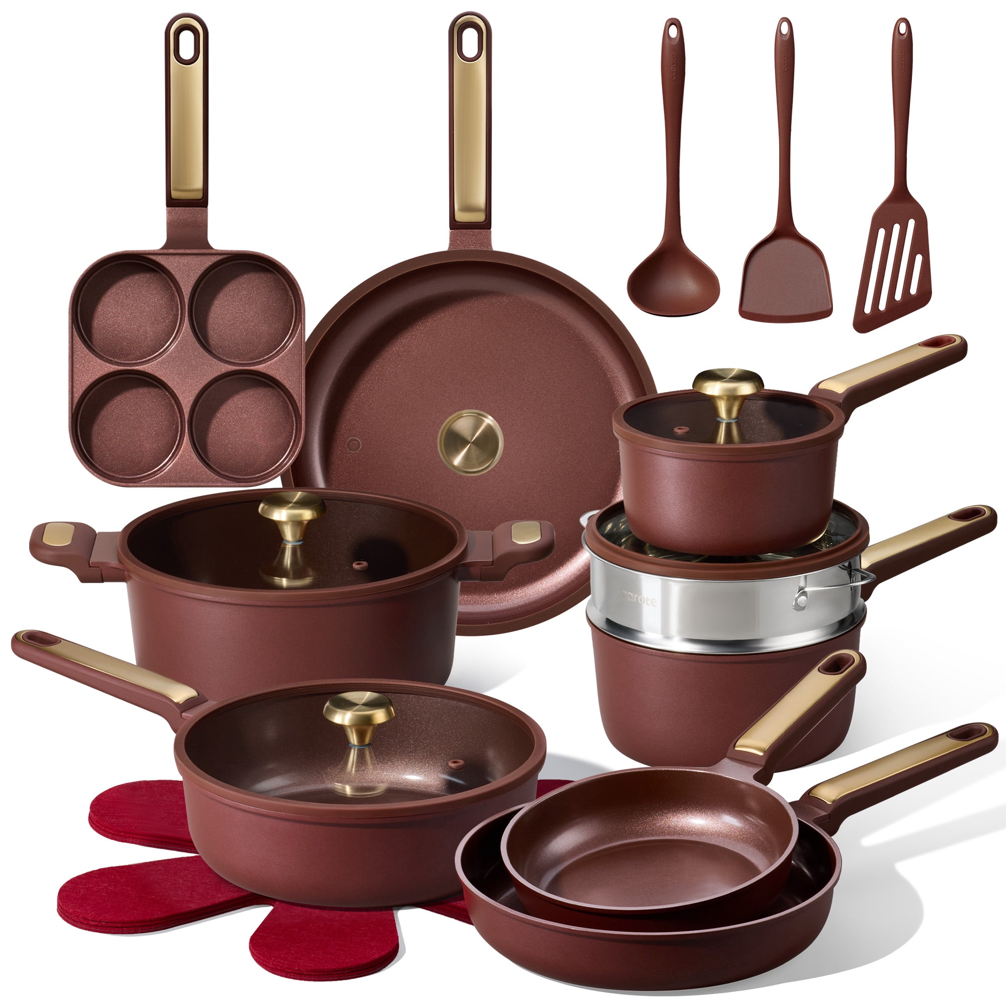 Carote Non-Toxic Ceramic Nonstick Pots and Pans Set, 21-Piece Cookware Set with Lids, All Stoves Compatible, Dishwasher Safe, Burgundy Red