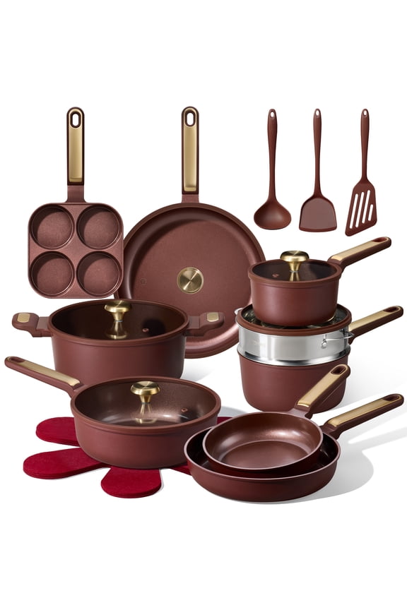 Non-Toxic Ceramic Nonstick Pots and Pans Set, 21-Piece Cookware Set with Lids, All Stoves Compatible, Dishwasher Safe, Burgundy Red
