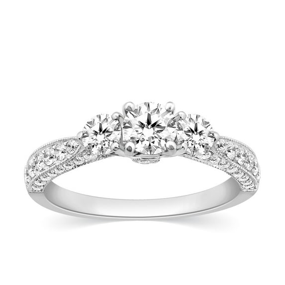 CARATS FOR YOU 3 Stone Round Brilliant Shape Diamond Engagement Ring with 3-Row White Natural Diamonds In 14K White Gold Plated (1.26 Carta, I-J Color, I2-I3 Clarity), Ring Size-10