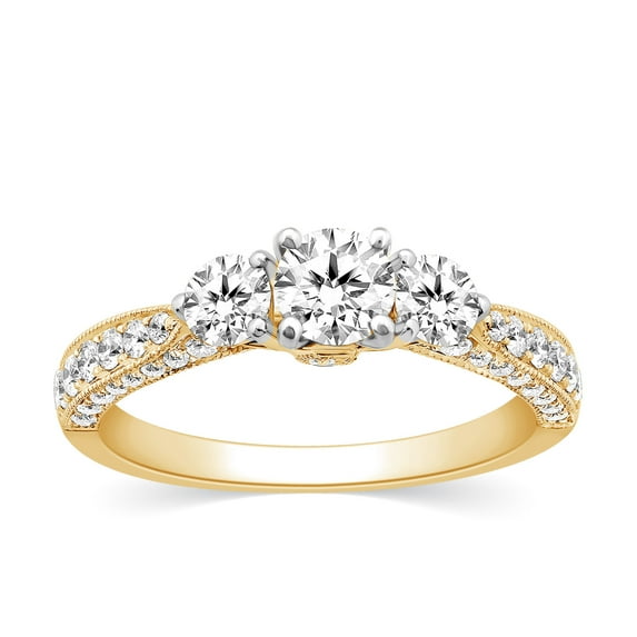 CARATS FOR YOU 3 Stone Round Brilliant Shape Diamond Engagement Ring with 3-Row White Natural Diamonds In 14K Yellow Gold Plated (1.26 Carta, I-J Color, I2-I3 Clarity), Ring Size-9