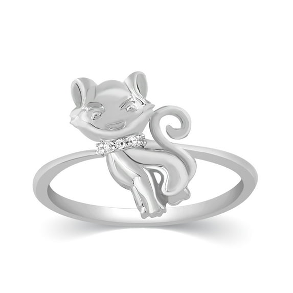 CARATS FOR YOU Cat Round Cut Diamond Petite Fashion Ring in 10K White Gold (0.02 Carat, I-J Color, I2-I3 Clarity), Ring Size-7.5
