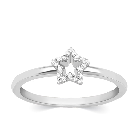 CARATS FOR YOU Round Cut White Natural Diamond In 14K White Gold Plated Star Shape Diamond Ring For Women (0.07 Carat, I-J Color, I2-I3 Clarity), Ring Size-12