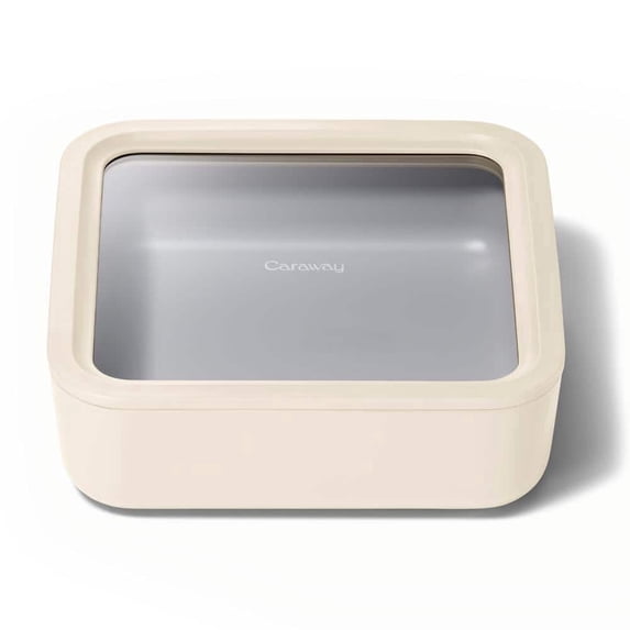 Caraway Glass Food Storage - 10 Cup Glass Container - Ceramic Coated Food Container - Non Stick Lunch Box with Lids - Dishwasher, Oven, & Microwave Safe - Square Shape - Cream