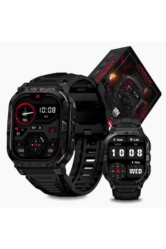 CARBINOX Blaze Smart Watch with GPS (Sport Mode), Rugged Fitness Tracker Waterproof IP69K, Compatible with Android and iOS, 170+ Sports Modes, Gorilla Glass Screen, Make/Receive Calls (Square)