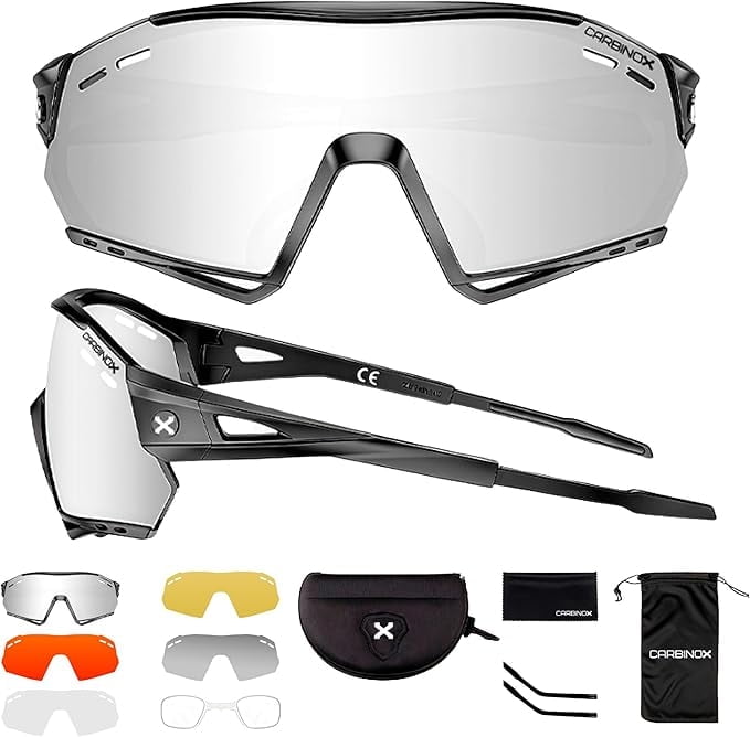 Carbinox Sports Sunglasses with Multiple Shield Lenses Anti-Glare, 100% UV Protection with Hard Case and Accessories, Black Frame