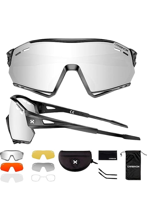 Sports Sunglasses with Multiple Shield Lenses Anti-Glare, 100% UV Protection with Hard Case and Accessories, Black Frame