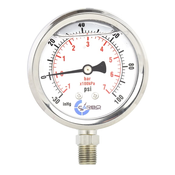 CARBO Instruments 1-1/2" Pressure Gauge, Stainless Steel Case, Chrome Plated Brass Connection, Lqiuid Filled, Compound Vacuum -30 Hg - 0 - 100 psi Lower Mount 1/8" NPT