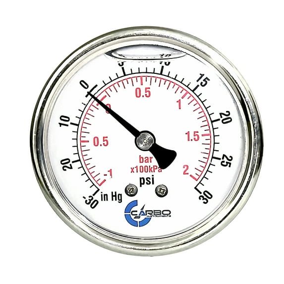 CARBO Instruments 1-1/2" Pressure Gauge, Stainless Steel Case, Chrome Plated Brass Connection, Lqiuid Filled, Compound Vacuum -30 Hg - 0 - 30 psi BACK Mount 1/8" NPT