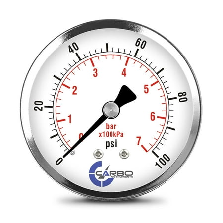 CARBO Instruments 2- 1/2" Pressure Gauge, Chrome Plated Steel Case, Dry, 0-100 psi/kPa, Back Mount 1/4" NPT