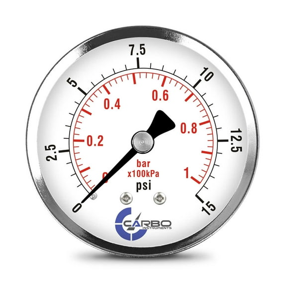 CARBO Instruments 2- 1/2" Pressure Gauge, Chrome Plated Steel Case, Dry, 0-15 psi/kPa, Back Mount 1/4" NPT