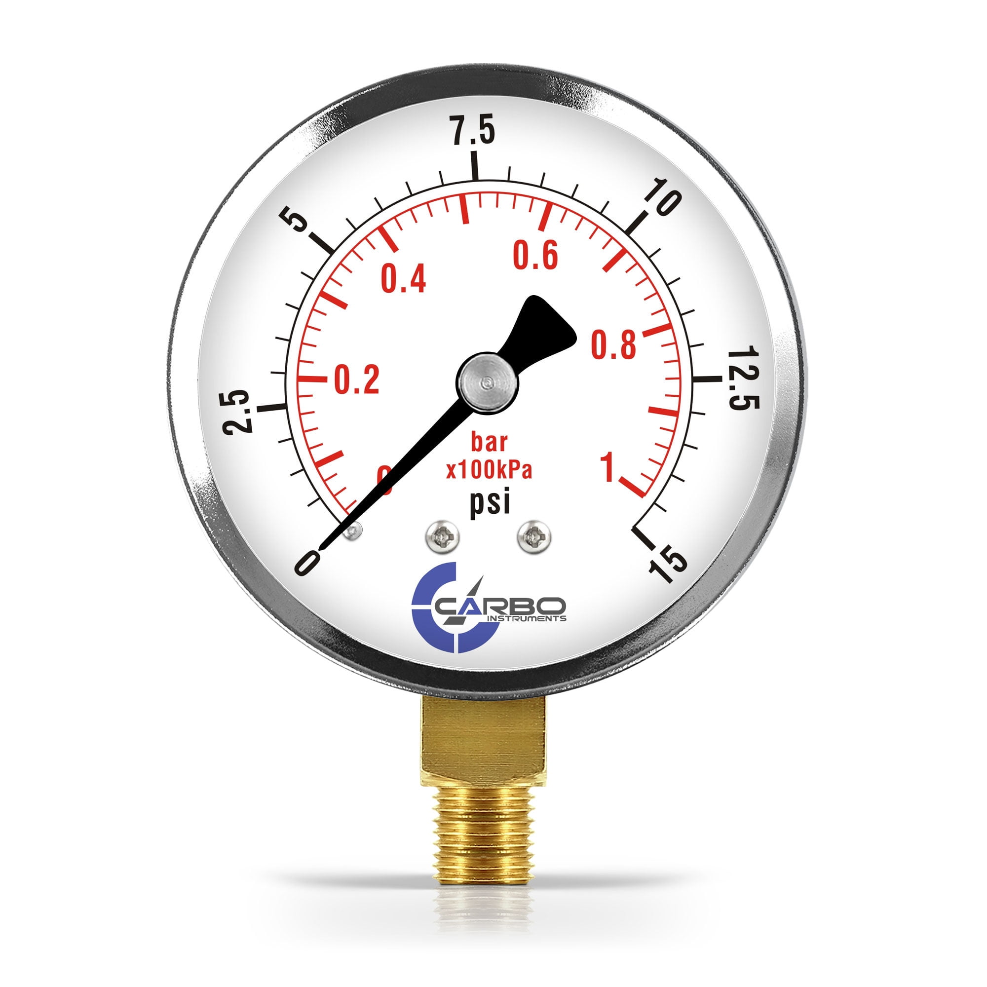 CARBO Instruments 2-1/2 Inch Pressure Gauge, Chrome Steel Case, Dual Scale (0-15 Psi/kPa), 1/4" NPT Lower Mount - View #2
