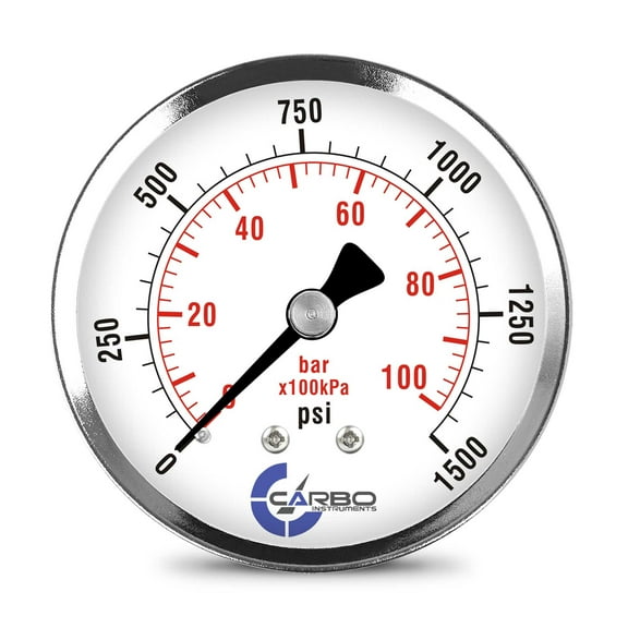 CARBO Instruments 2- 1/2" Pressure Gauge, Chrome Plated Steel Case, Dry, 0-1500 psi/kPa, Back Mount 1/4" NPT