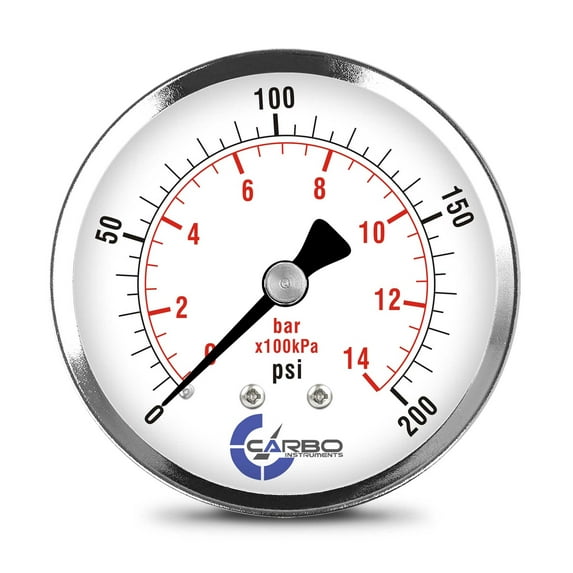 CARBO Instruments 2- 1/2" Pressure Gauge, Chrome Plated Steel Case, Dry, 0-200 psi/kPa, Back Mount 1/4" NPT