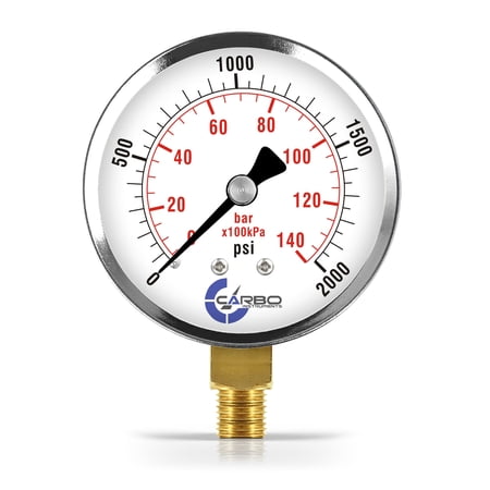 CARBO Instruments 2- 1/2" Pressure Gauge, Chrome Plated Steel Case, Dry, 0-2000 psi/kPa, Lower Mount 1/4" NPT