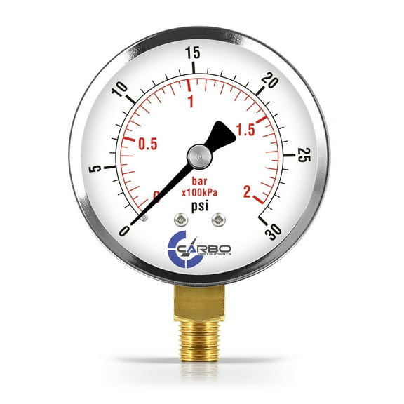 CARBO Instruments 2- 1/2" Pressure Gauge, Chrome Plated Steel Case, Dry, 0-30 psi/kPa, Lower Mount 1/4" NPT