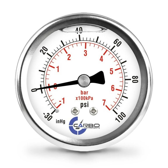 CARBO Instruments 2 1-2" Pressure Gauge, Stainless Steel Case, Chrome Plated Brass Connection, Liquid Filled, Compound Vacuum -30 Hg - 0-100 psi Back Mount 1/4" NPT