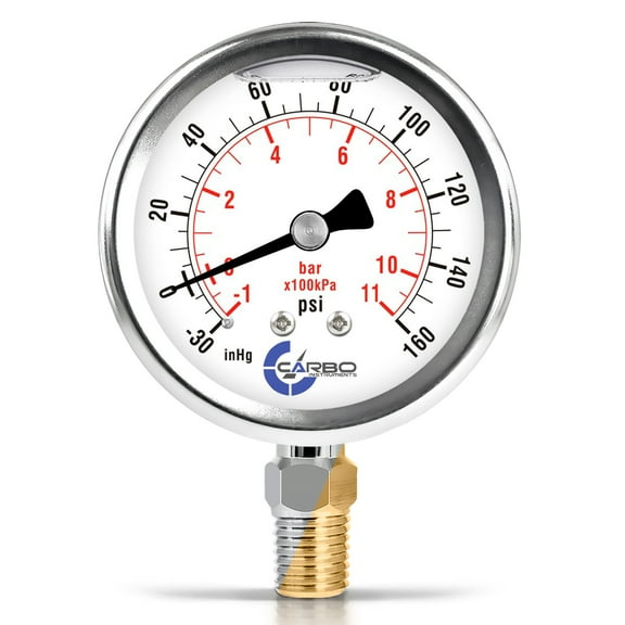 CARBO Instruments 2 1-2" Pressure Gauge, Stainless Steel Case, Chrome Plated Brass Connection, Liquid Filled, Compound Vacuum -30 Hg - 0 - 160 psi Lower Mount 1/4" NPT