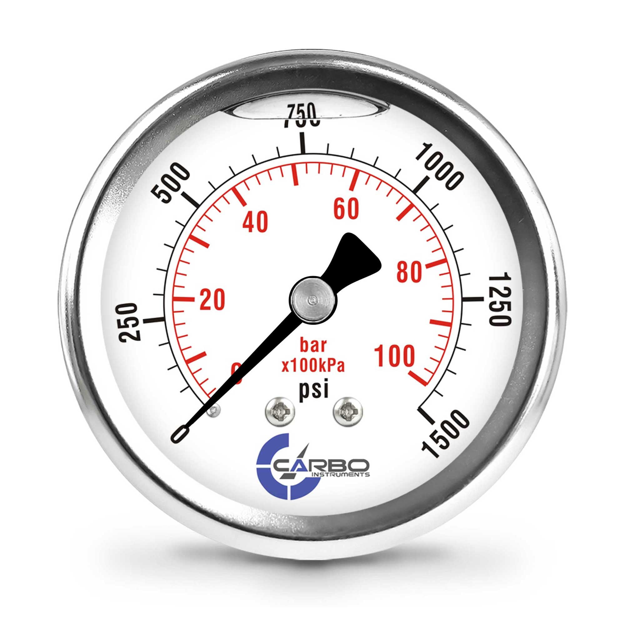 CARBO Instruments 2 1-2" Pressure Gauge, Stainless Steel Case, Chrome Plated Brass Connection, Lqiuid Filled, 0-1500 psi/kPa, Back Mount 1/4" NPT