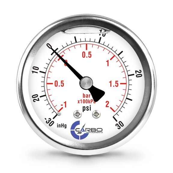 CARBO Instruments 2 1-2" Pressure Gauge, Stainless Steel Case, Chrome Plated Brass Connection, Lqiuid Filled, Compound Vacuum -30 Hg - 0 - 30 psi Back Mount 1/4" NPT